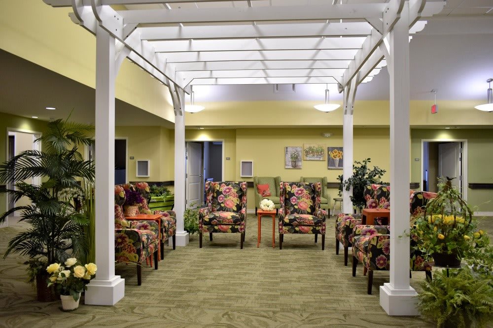 Indoor seating area with a pergola and floral chairs, surrounded by plants.