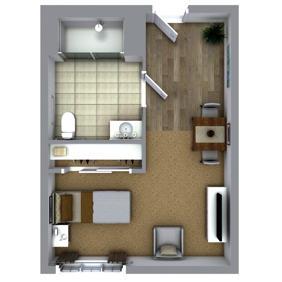 A compact studio apartment floor plan showcasing the arrangement of living, sleeping, and kitchen areas.