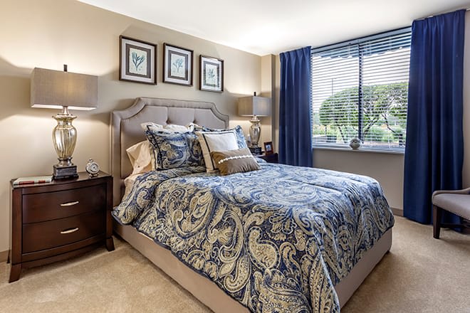 A well-decorated bedroom featuring patterned bedding and neutral-colored walls.