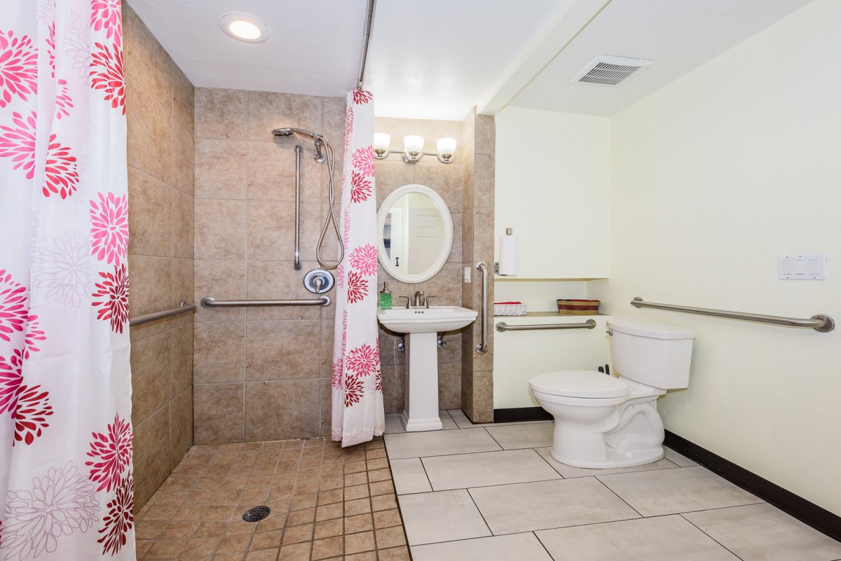A spacious, accessible bathroom with a walk-in shower, sink, toilet, and grab bars.