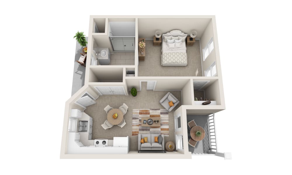 A 3D floor plan of a one-bedroom apartment featuring a kitchen, living room, bathroom, and bedroom.