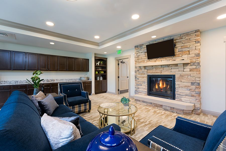 A modern living room with a cozy fireplace and elegant seating area.