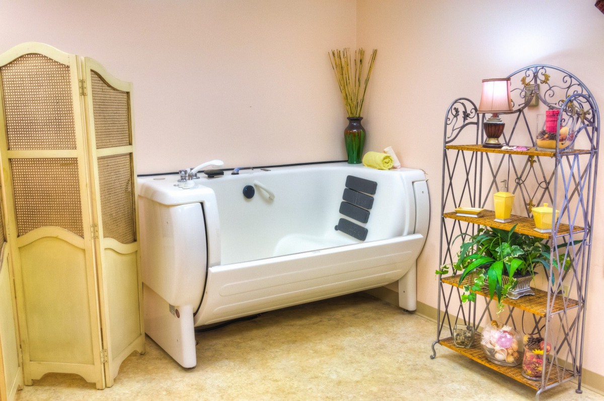 A luxurious bathroom with a modern bathtub and elegant decor.