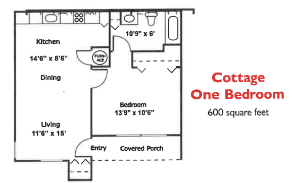 One-bedroom apartment floor plan with a total area of 600 square feet.