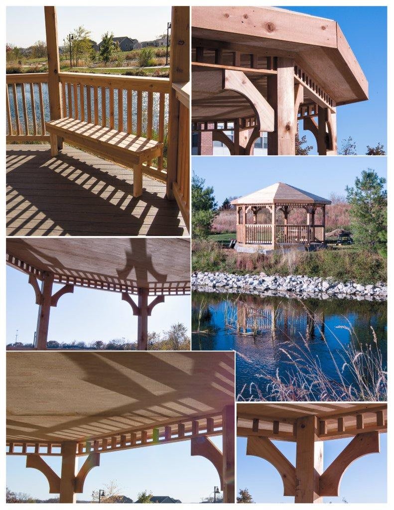 A beautifully designed wooden gazebo offering relaxing outdoor seating by a lake.