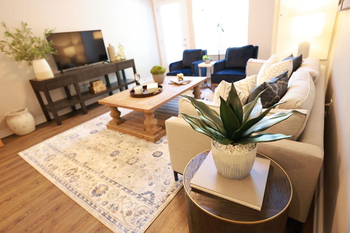 A cozy living room with stylish furniture and a decorative plant.
