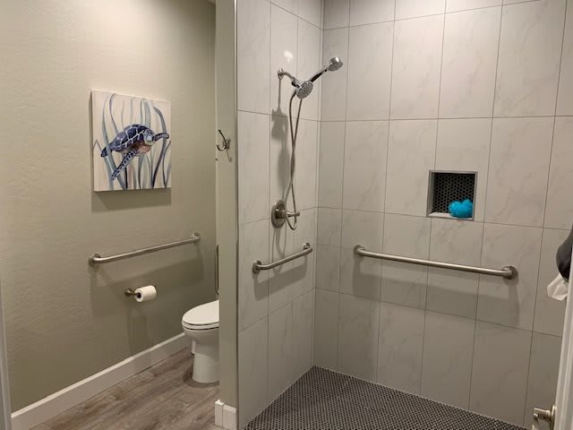A modern bathroom featuring a walk-in shower with handrails and a toilet, complemented by wall art and tiled flooring.
