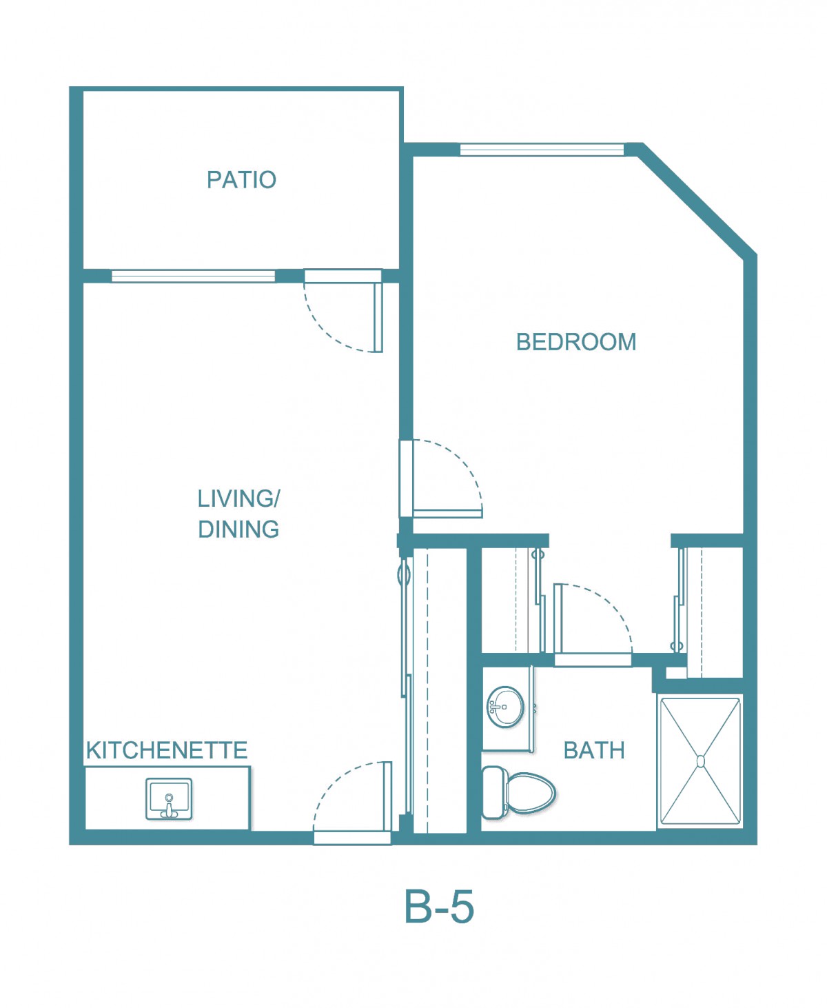 A floor plan of a one-bedroom apartment with a living area, kitchenette, bathroom, and patio.