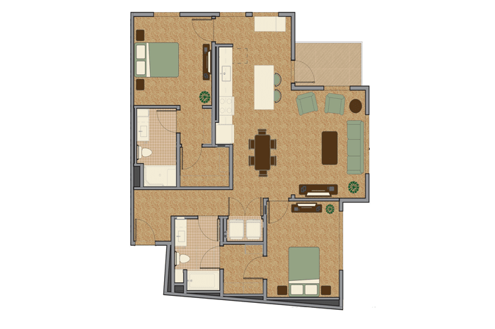 A detailed floor plan of an apartment showing the arrangement of rooms and furniture.