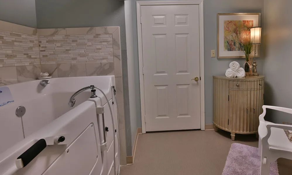 A bathroom featuring a walk-in bathtub, a white door, and a cabinet with towels.