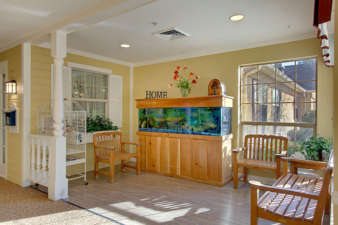 A well-lit waiting room featuring an aquarium and wooden chairs.