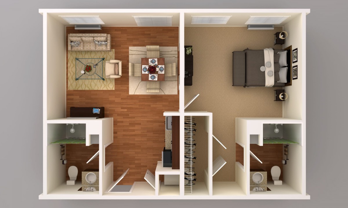 A top-down view of a modern apartment floor plan with two bedrooms, a living area, and dining space.
