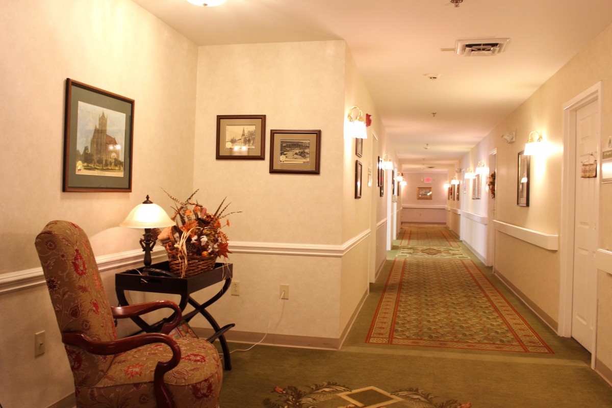 A well-lit hotel hallway with decorative elements and artwork on the walls.