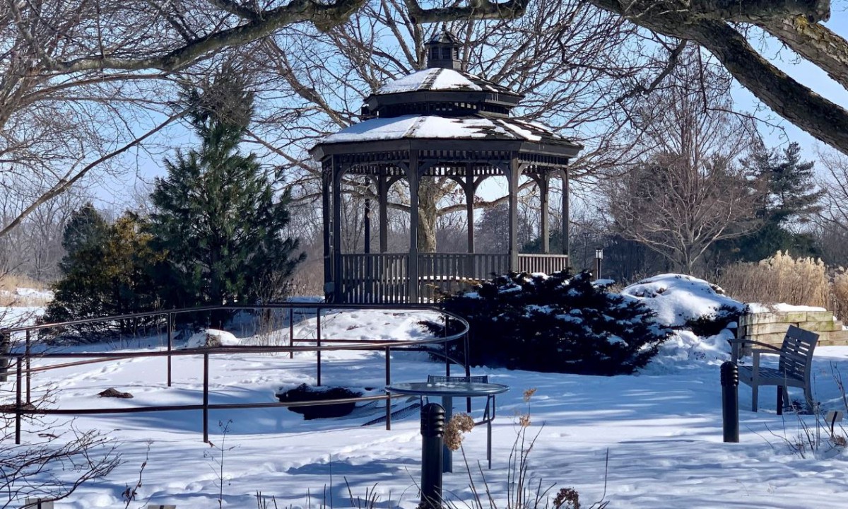 A snow-covered gazebo in a winter park.