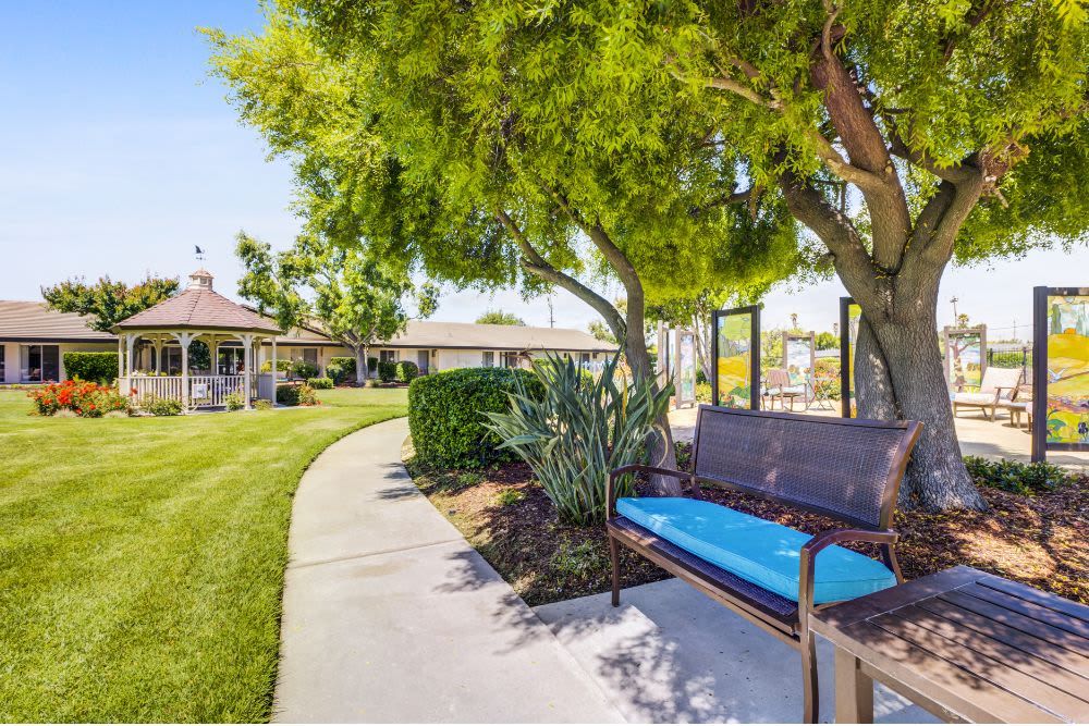 A scenic park featuring a curved pathway, a bench with blue cushions, lush green grass, and a gazebo in the background.
