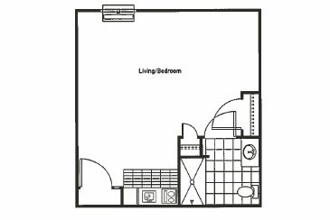 Studio apartment floor plan with combined living and bedroom area.