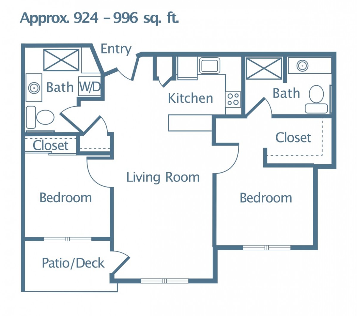 Floor plan of a two-bedroom apartment with approximately 924 - 996 sq. ft., featuring a living room, kitchen, two bathrooms, closets, and a patio/deck.