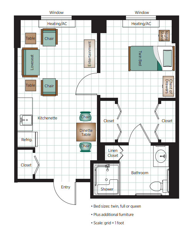 A floor plan of an apartment showing the layout of rooms and furniture.