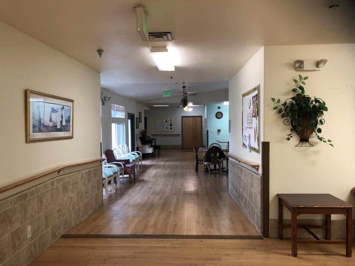 A well-lit hallway with wooden flooring and seating areas, adorned with wall decorations and indoor plants.