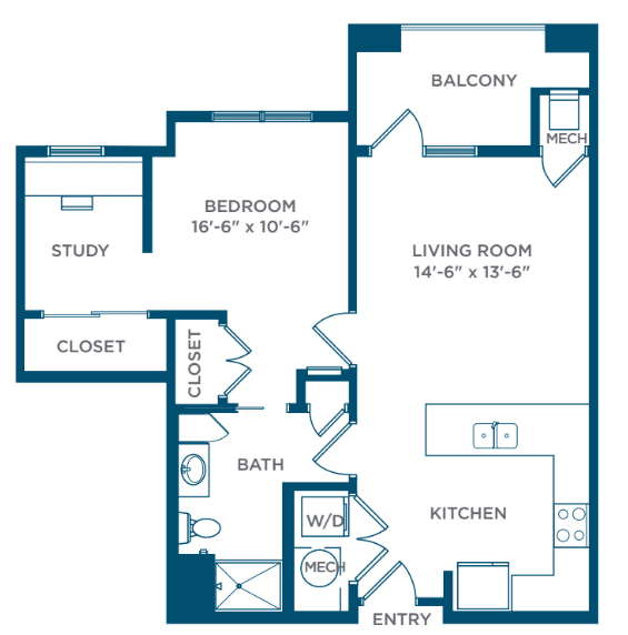 One-bedroom apartment floor plan with a living room, kitchen, balcony, study, and closet space.