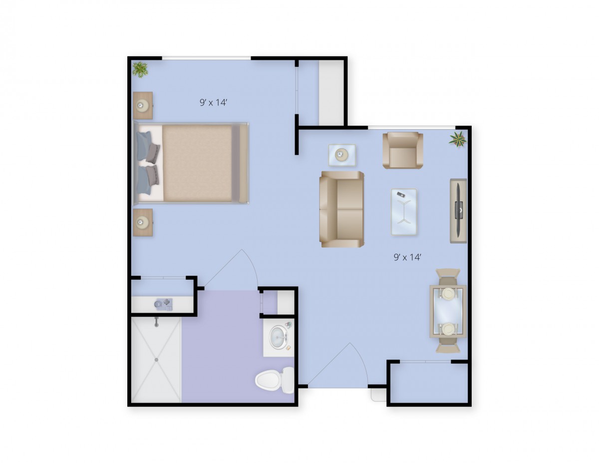 A floor plan of a studio apartment showing the layout with a bedroom, living area, kitchen, and bathroom.