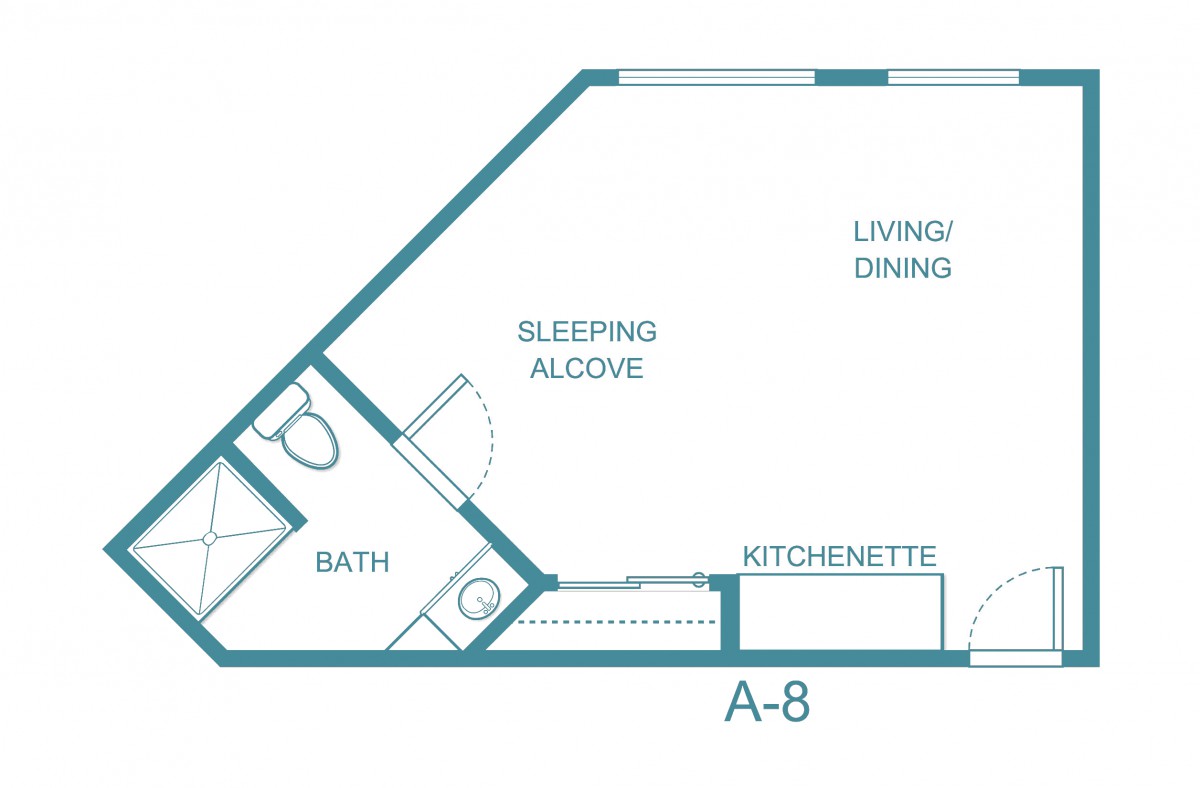 Floor plan of a studio apartment featuring a sleeping alcove, kitchenette, and living/dining area.