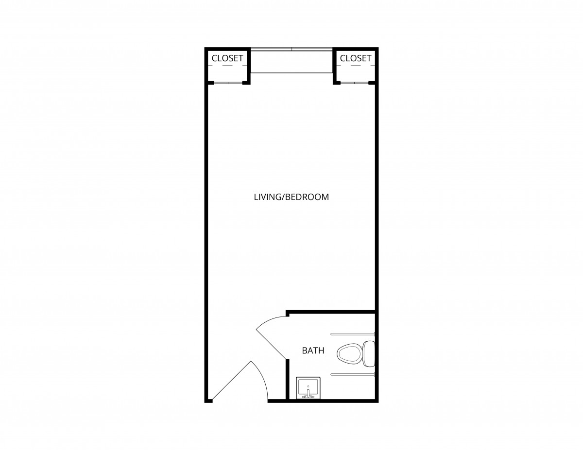 Simple studio apartment floor plan showcasing a living/bedroom area and a bathroom.