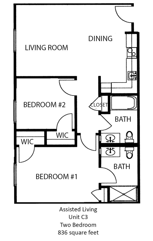 A floor plan of a two-bedroom apartment with living room, kitchen, and two bathrooms.
