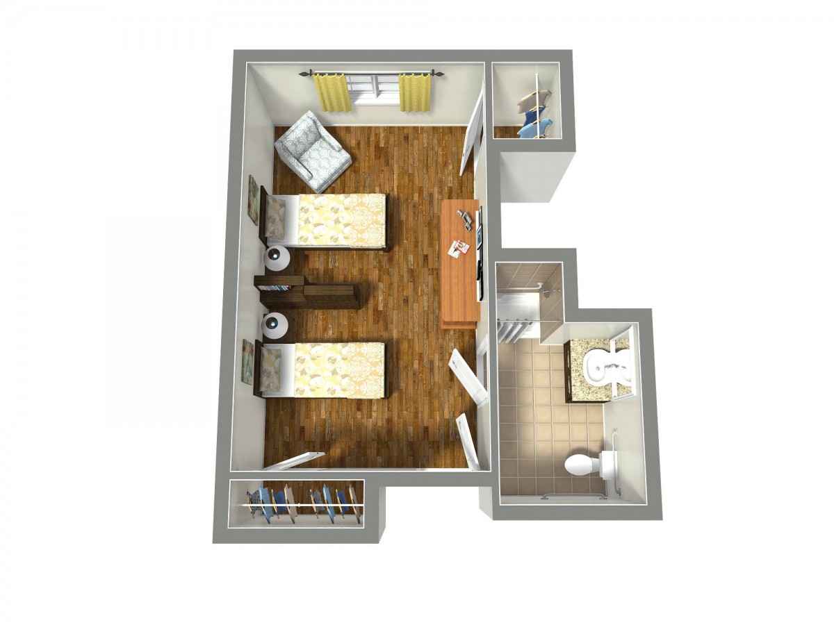 A 3D floor plan of a bedroom layout featuring twin beds and an attached bathroom.