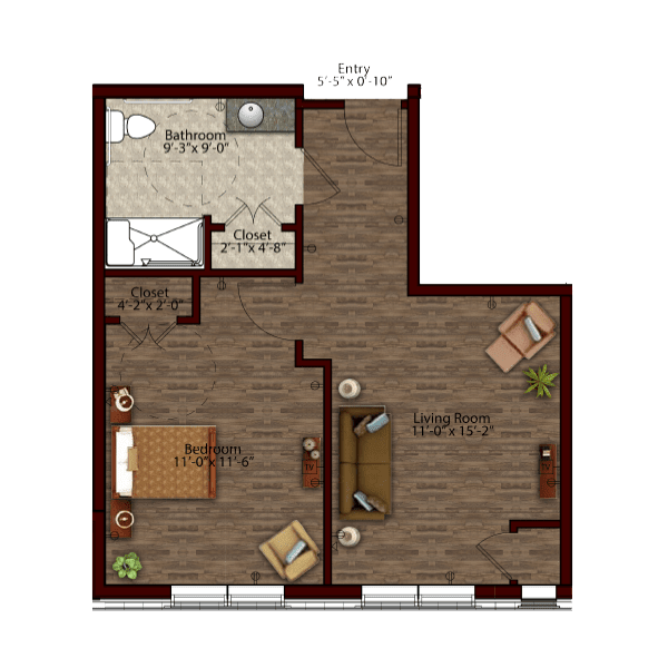 A detailed floor plan of an apartment featuring a living room, bedroom, kitchen, and bathroom.