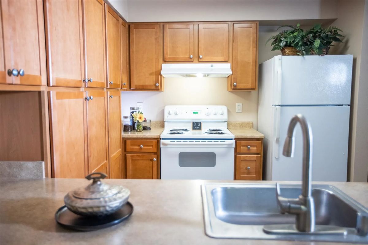 A modern kitchen with wooden cabinets, a white stove, and a refrigerator.