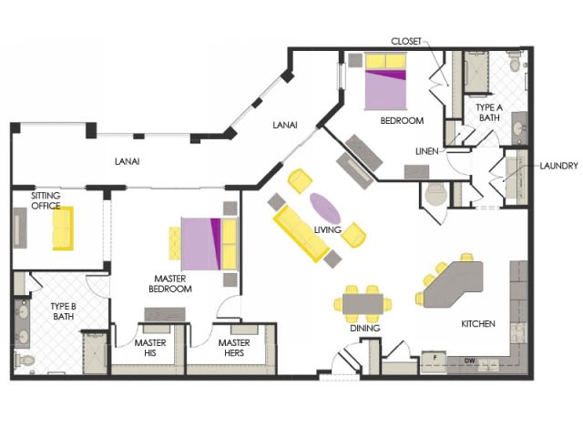 A detailed floor plan of an apartment, showing the arrangement of rooms including the living room, master bedroom, additional bedroom, and kitchen.