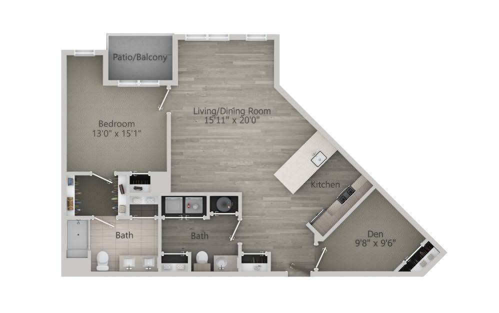 An apartment floor plan showcasing a one-bedroom layout with living area, kitchen, and bathroom.