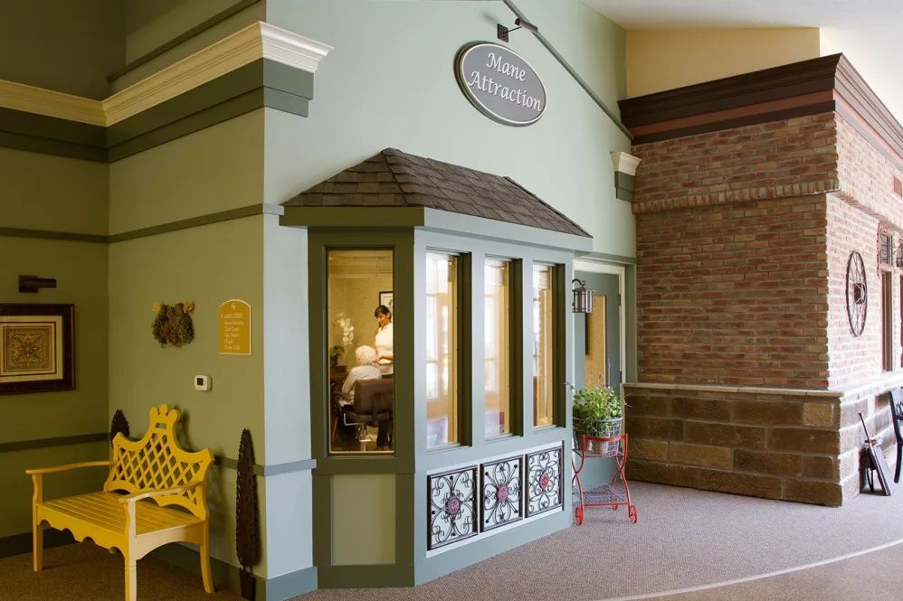 A vintage-style indoor storefront with decorative elements and classic architecture.