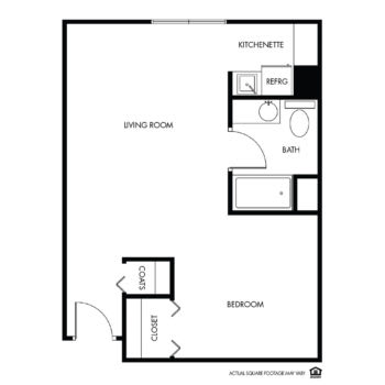 A floor plan of an apartment with one bedroom, a living room, kitchen, and bathroom.