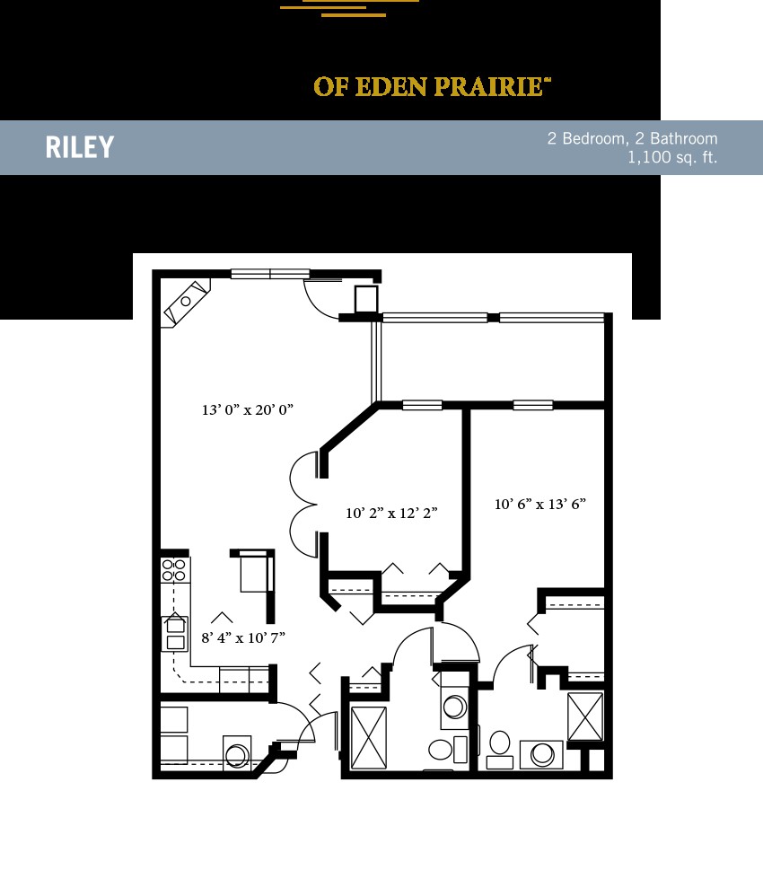 A detailed floor plan of a two-bedroom apartment named 'Riley'.