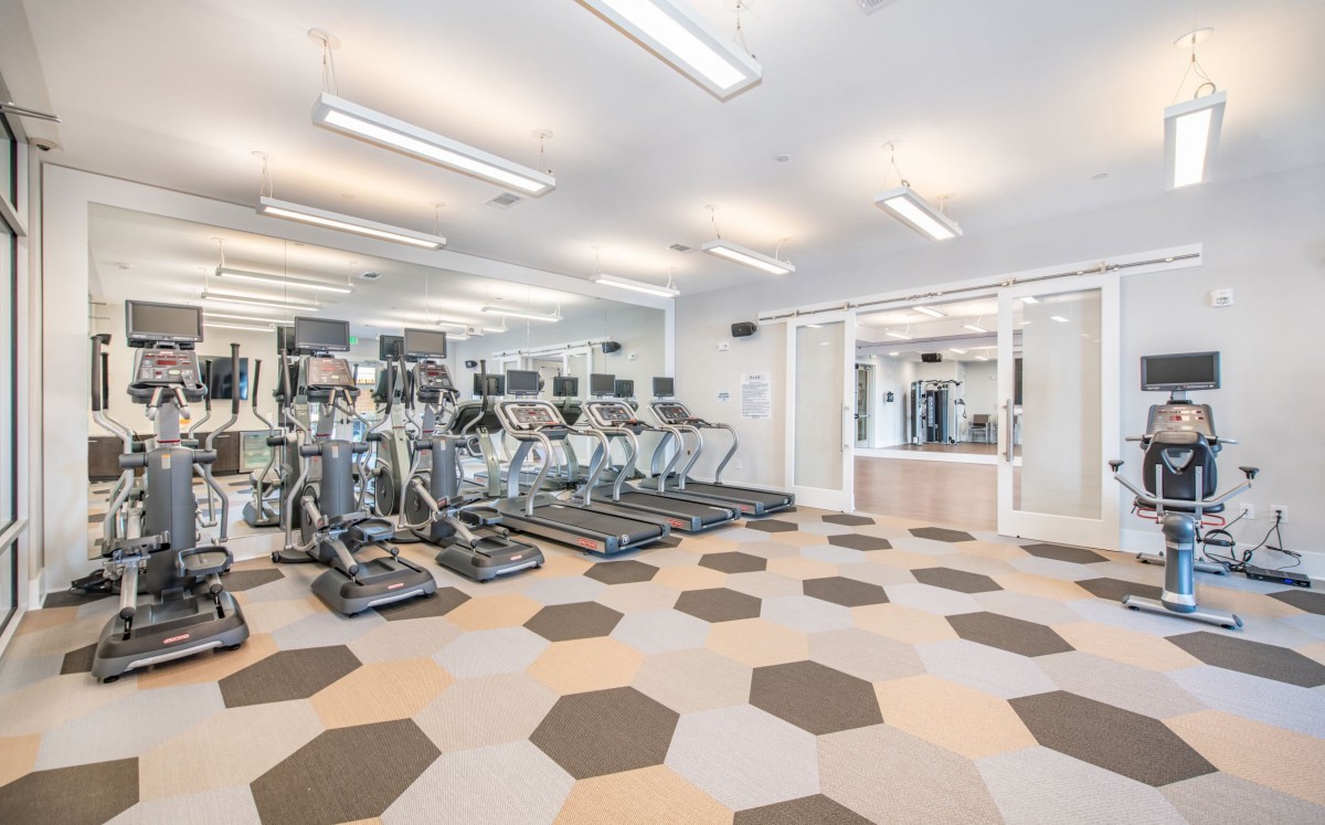 A modern gym with a variety of exercise equipment and mirrors on the wall.