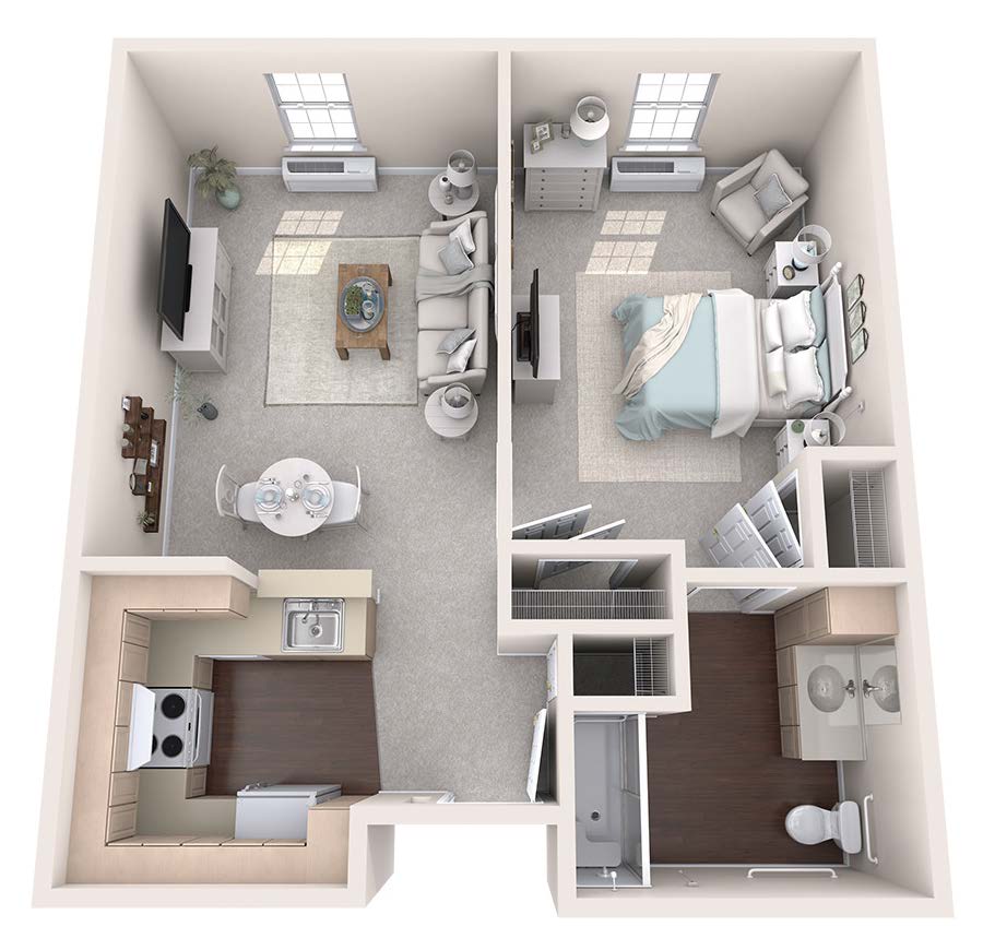 A 3D floor plan of a one-bedroom apartment with a living room, kitchen, bathroom, and bedroom.