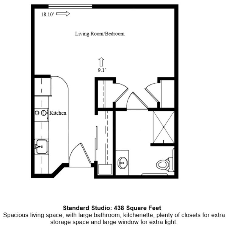 Floor plan of a standard studio apartment with a living room/bedroom, kitchen, and bathroom.