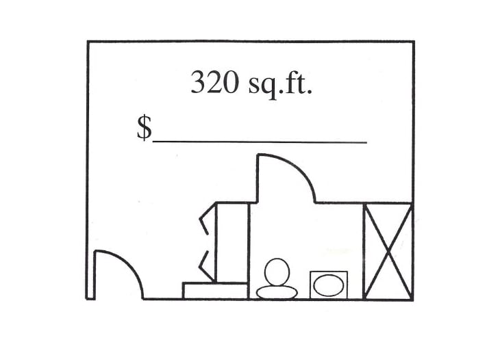 A simple floor plan layout of a 320 square foot space including a bathroom.