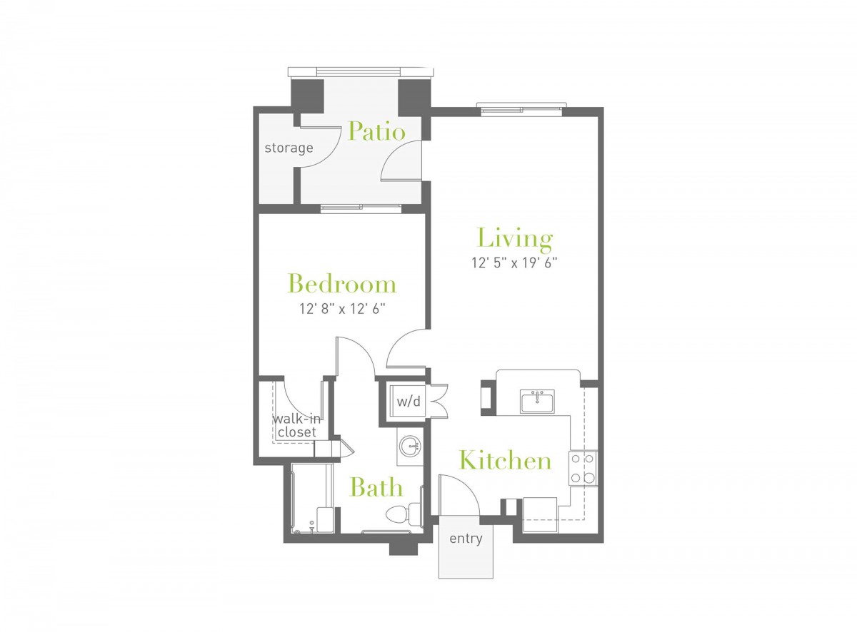 A simple floor plan of a one-bedroom apartment featuring a living room, kitchen, bathroom, and balcony.