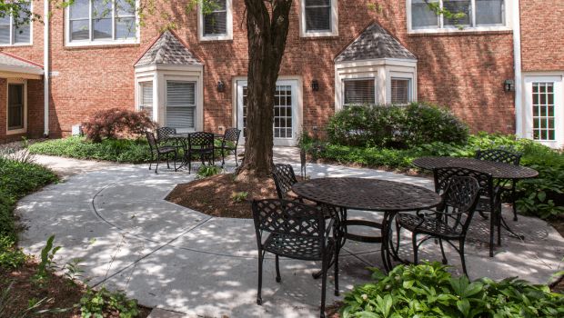 A peaceful patio area with tables and chairs under a tree, adjacent to a brick building.