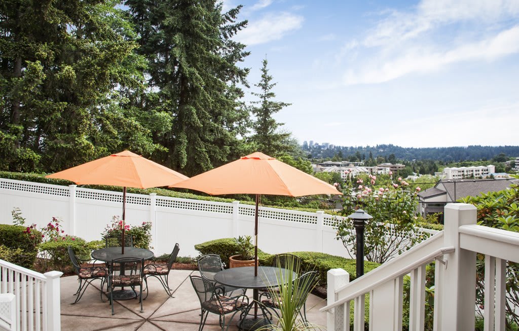 A scenic patio with tables and orange umbrellas overlooking a lush landscape.