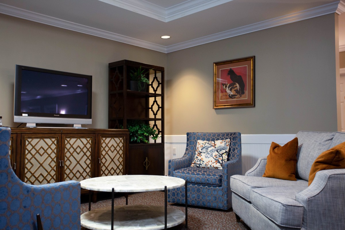 A cozy living room with a comfortable sofa, armchair, coffee table, and a TV.