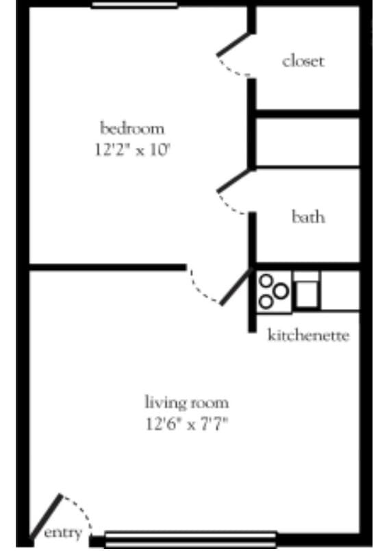A floor plan depicting a small apartment with a bedroom, living room, kitchenette, and bathroom.