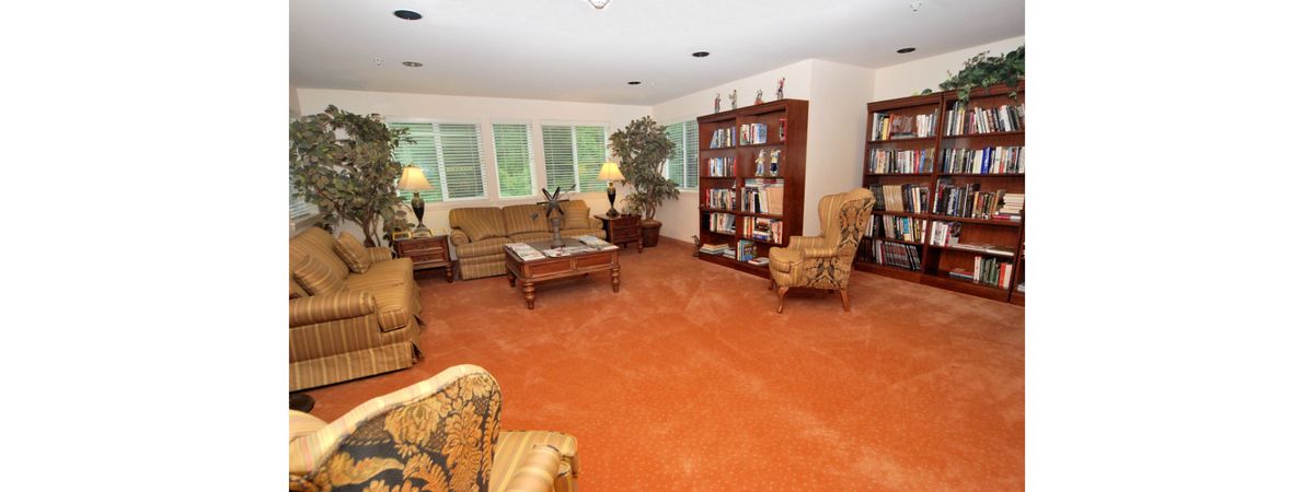 A cozy living room with bookshelves, a sofa, armchairs, and a large carpeted floor.