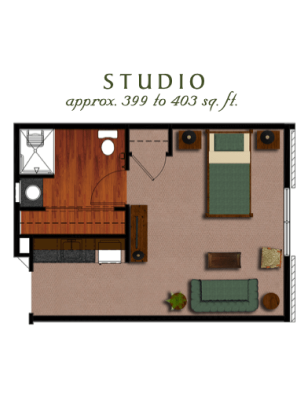 Studio apartment floor plan approximately 399 to 403 sq. ft.