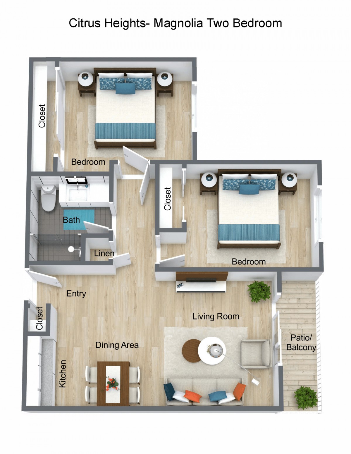 A detailed floor plan of a two-bedroom apartment, featuring a living room, kitchen, dining area, and bathroom.