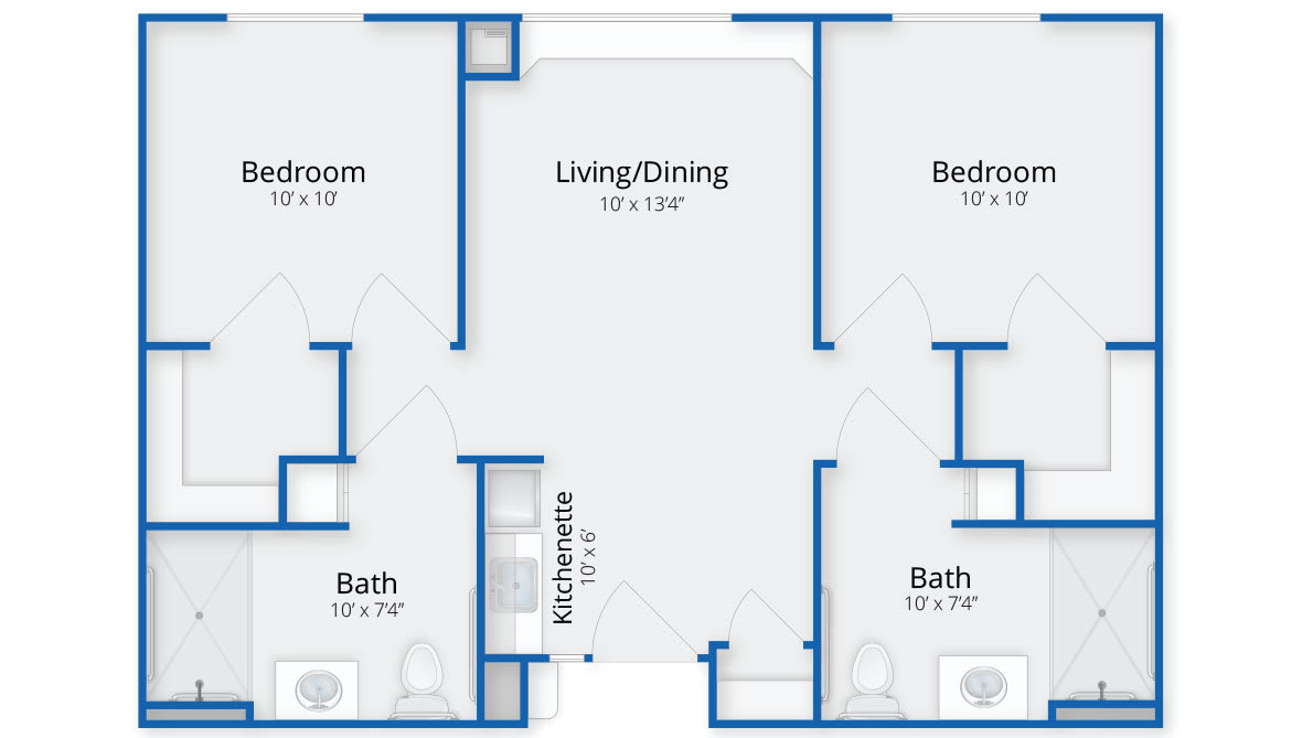Floor plan of a two-bedroom apartment with living/dining area and two bathrooms.