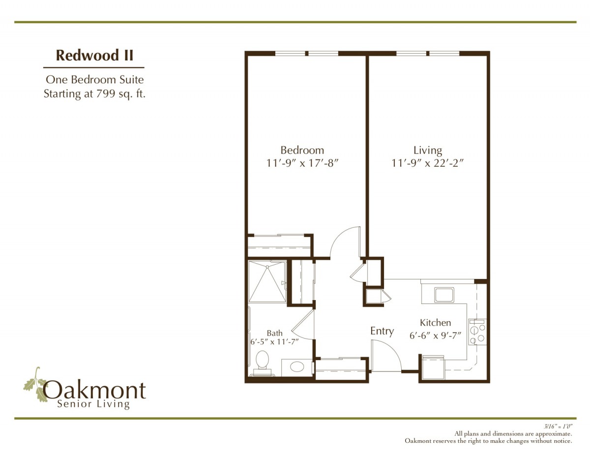 Floor plan of a one-bedroom suite measuring 750 sq. ft.